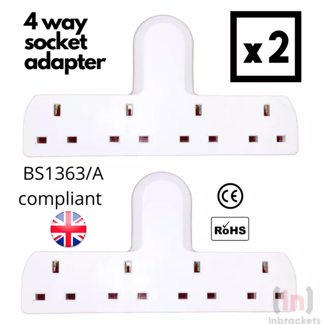 4 Gang Extension Socket Multi Plug 4 Way 13a Mains Power Adaptor UK STOCK 2 PACK