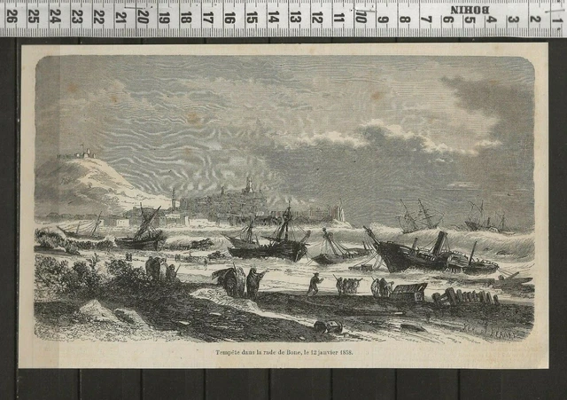 G325 / Gravure 1858 /  Tempete Dans La Rade De Bone 1858