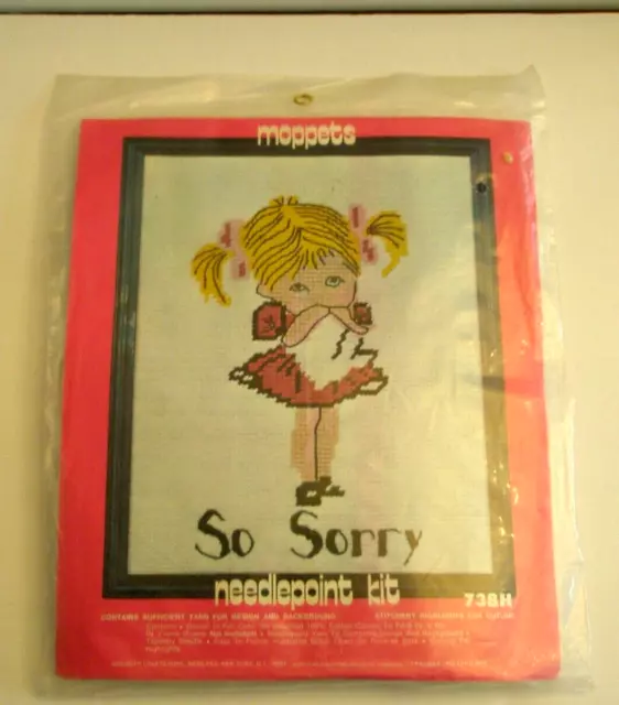 Kit de punta de aguja vintage Moppets Little Girl So Sorry Vogart nuevo 1970 Grannycore