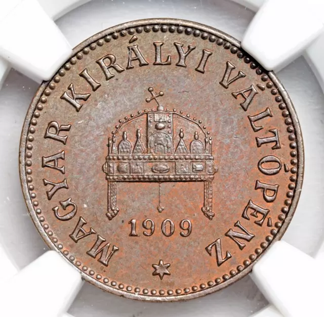 1909, Hungary, Francis Joseph I. Bronze 2 Filler Coin. Pop 2/3! NGC MS-62 BN!