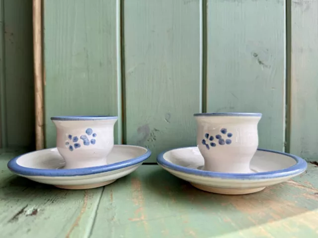 Vintage Moville Donegal Irish Studio Pottery Egg Cups X 2 Blue/White Floral Rare