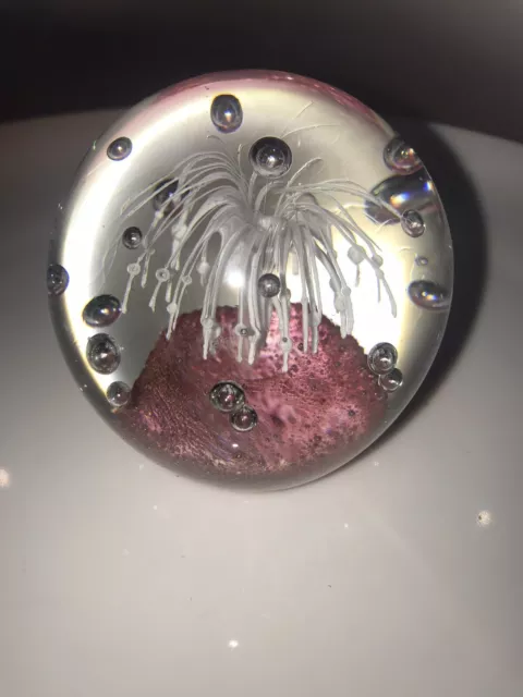 Art Glass Paperweight Clear Glass With White Volcano, Pink & Air bubbles 6x6.5cm