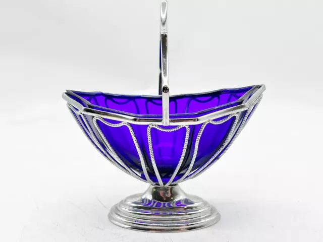 Vintage Antique Art Deco Bristol Blue Lined Glass Basket Sugar Bowl Serving Dish 3