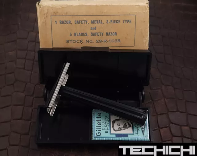 Gillette WWII Bakelite Tech Vintage Double Edge Safety Razor - FULL SET 1944