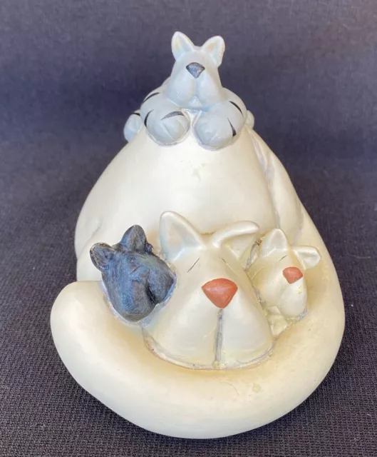 Crazy Mountain Dog Figurine with 2 Pups and a Striped Cat Clay Folk Art