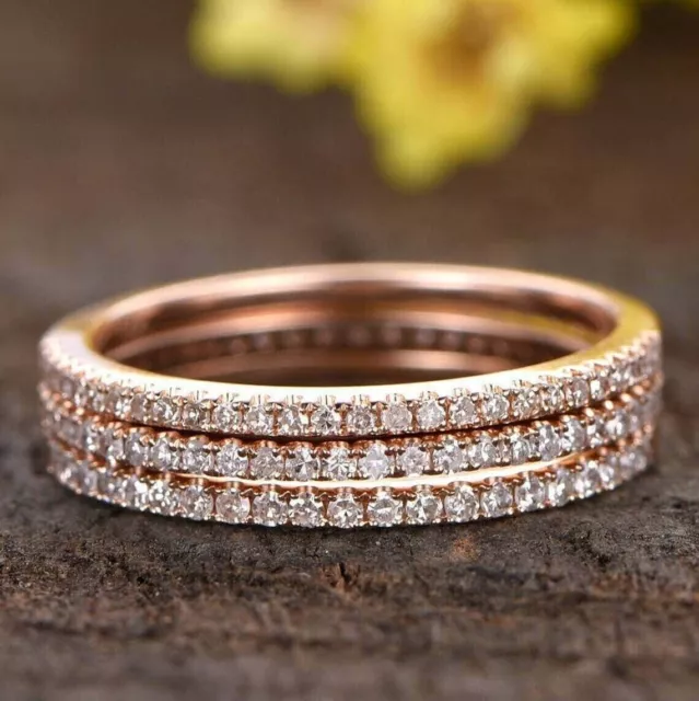 14k Rose Gold Plated Round Cut Lab Created Bridal Stacking Band Ring Set