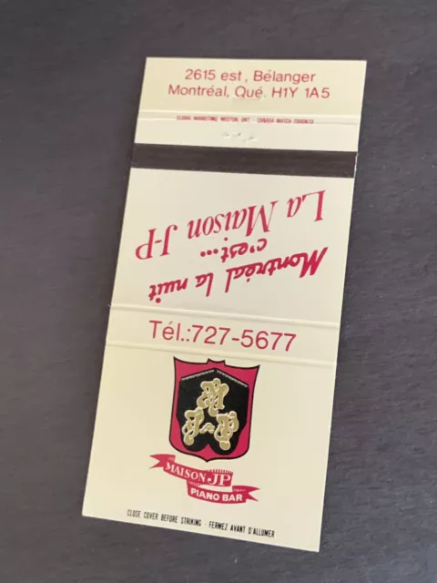 Vintage Canada Matchbook: ”Maison JP Piano Bar” Montreal Quebec