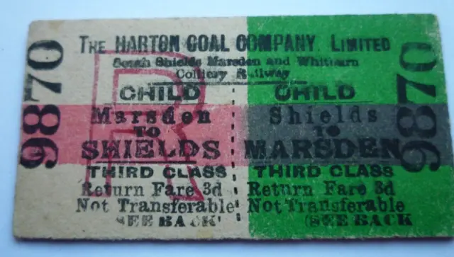 Harton Coal Company  Marsden to Shields Railway Station 3d Ticket
