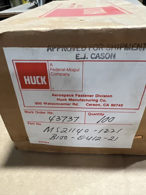 NEW Huck MS21140-1221  Stainless Steel Lockbolt Pin Rivet (Qty 100)