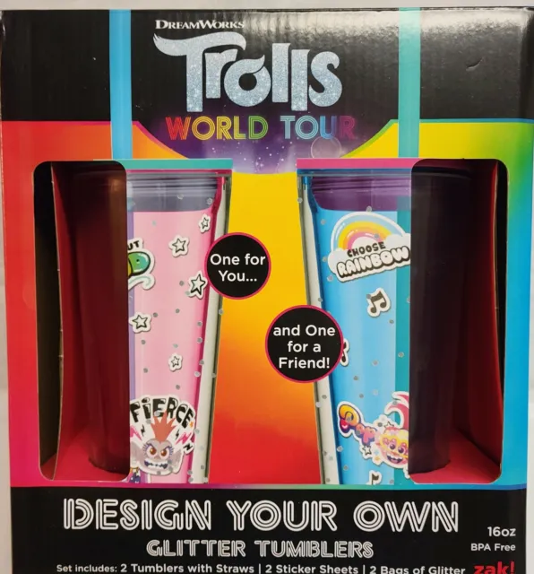2 un. Trolls World Tour - Diseña tus propios vasos brillantes 16 oz rosa azul juego de regalo