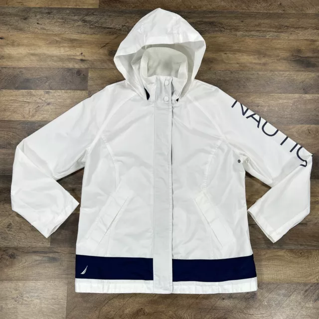 Nautica Jacket Womens XL White Spell Out Hooded Full Zip Raincoat