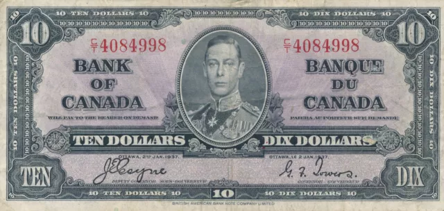 1937 Bank of Canada Ten Dollar Bill. Coyne - Towers VF