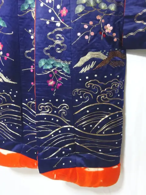 Japanese Kimono Uchikake Luxurious Wedding Embroidery Pure Silk Crane Navy K143 7
