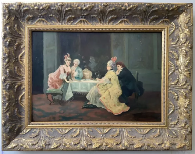 Early 20th Century Gallant Scene around Tea in the 18th Century Oil Painting
