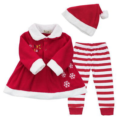 Baby Mädchen Weihnachten Bekleidung Set Weihnachts Kleid + Streifen Hose + Mütze