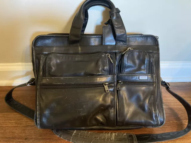 TUMI Alpha Black Leather Expandable Messenger Laptop Briefcase Bag