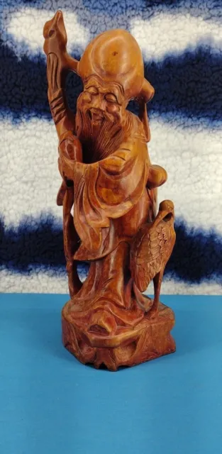 Antique Chinese Wood Carving God of Longevity Statue Shou Lao Shou 10”