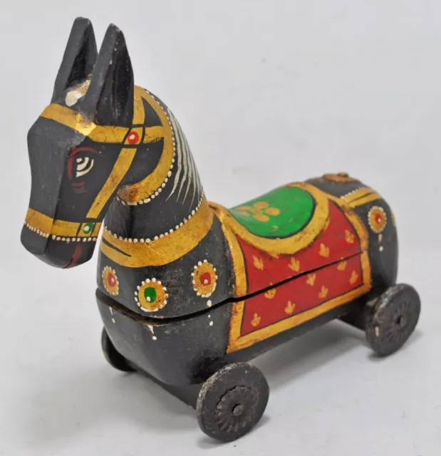 Tallada a Mano Madera Dura Caballo Sobre Ruedas Figura Spice Caja Pintado Negro 3