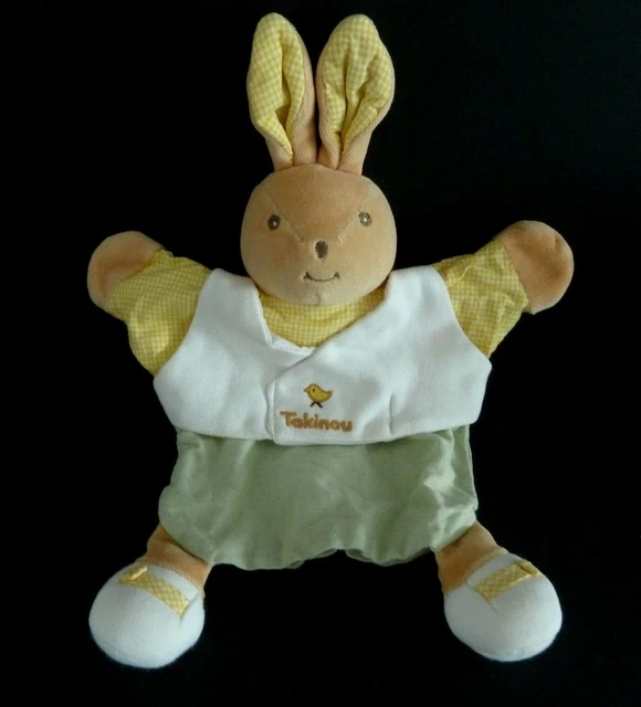 i9- DOUDOU PLAT MARIONNETTE TAKINOU LAPIN blanc vert poussin jaune vichy blanc