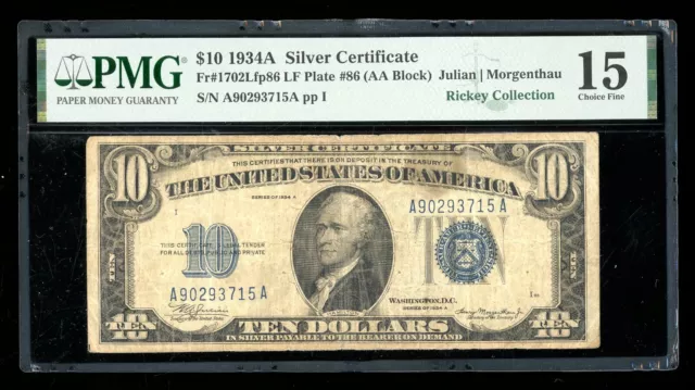 DBR 1934-A $10 Silver late-finish FP 86  Fr. 1702Lfp86 PMG 15 Serial A90293715A