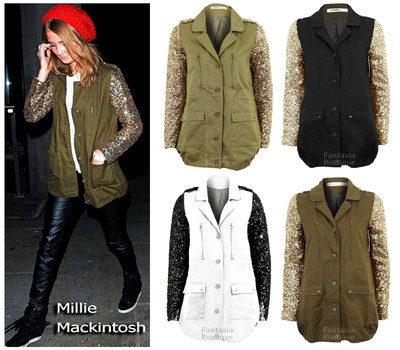 khaki green jacket with gold sequin sleeves