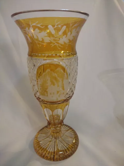 Etched Bohemian Large Cut To Clear Vase Deer Mill Egermann Yellow Amber Glass