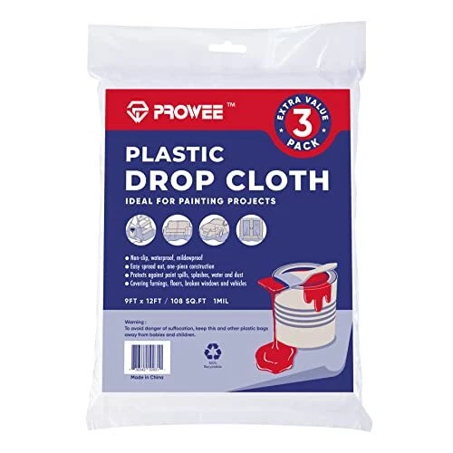 3-Pack Painters Plastic Drop Cloths 9-Feet x 12-Feet Paint Floor Cover Plastic