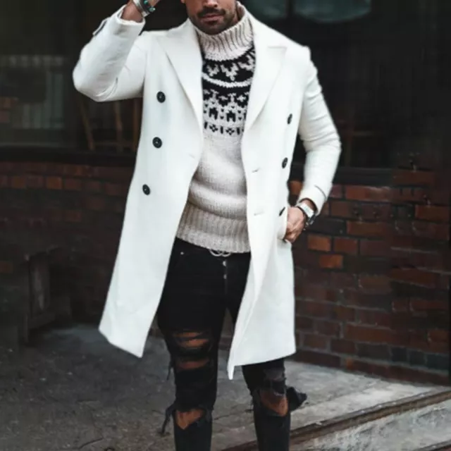 Mens Trench Coat Double Breasted Winter Warm Outwear Long Jacket Woolen Overcoat
