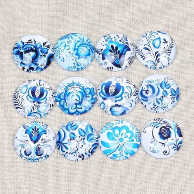 10 Beautiful Blue Pottery Flowers Cabochons Mixed Round Glass Flat Back Crafts