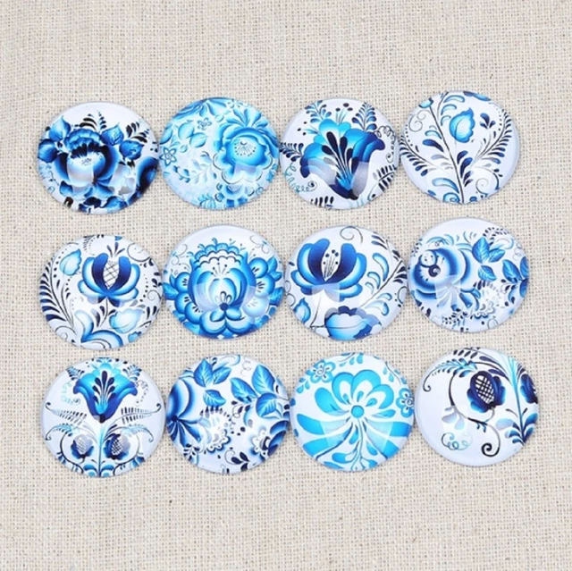 10 Beautiful Blue Pottery Flowers Cabochons Mixed Round Glass Flat Back Crafts