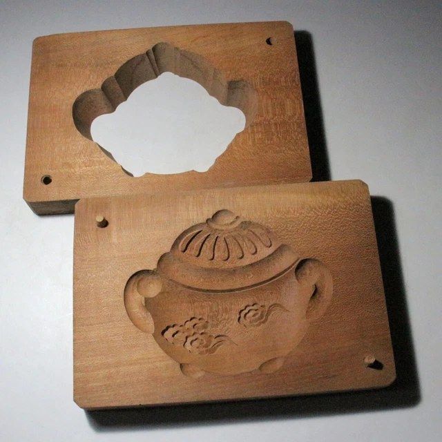 [Y] Japanese Antique Art Wooden Rice Cake Mold "KASHIGATA" Teapot Carving RARE