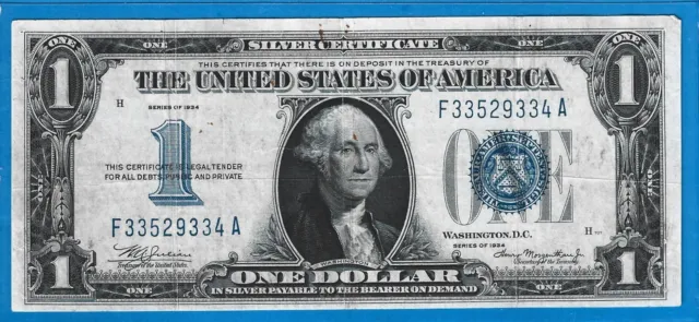1934 $1 Silver Certificate-Funny Back Note,Blue Seal,Circ VF,Nice!