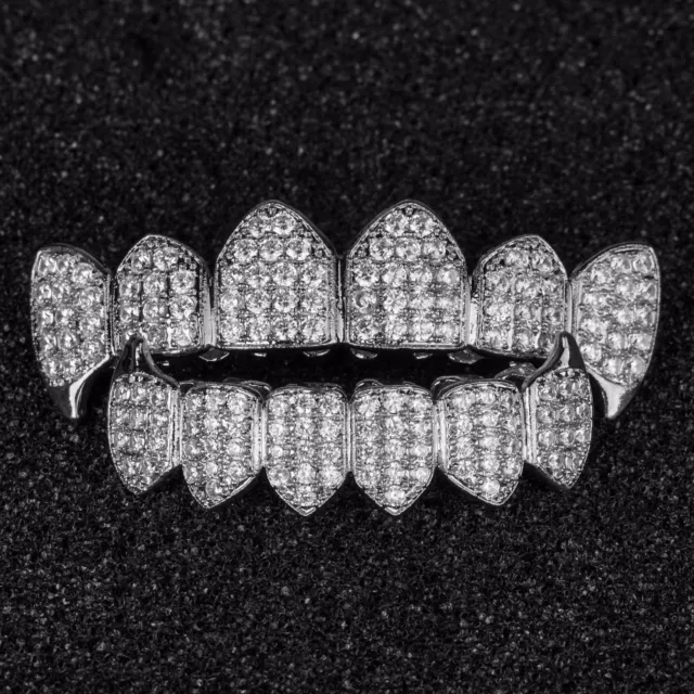 18K White Gold Plated Custom Slugs Fang Top Bottom GRILLZ Teeth Mouth Grills Set 3