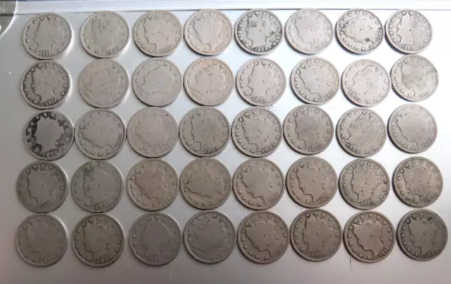 Full Roll of Liberty V Nickels! 40 Coin Roll! Mixed Readable  Dates!-1884-1912