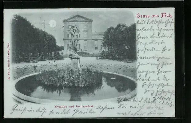CPA clair de lune Metz, Nymphe et Justizpalast 1898