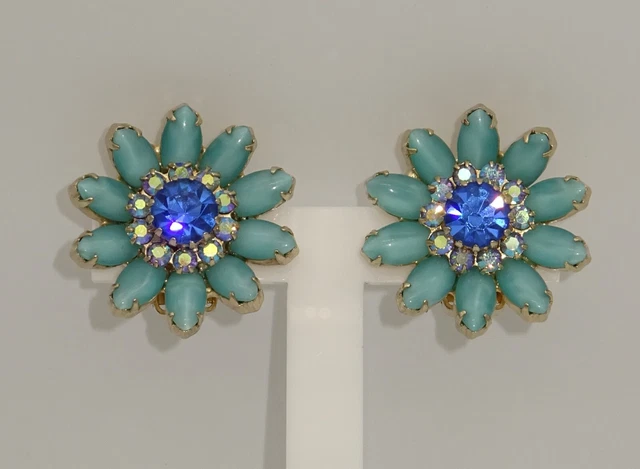 Firmati Weiss, USA anni '50, Orecchini placcati oro, Cabochon vetro e Cristalli