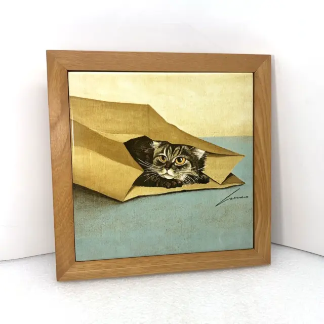 1982 Lowell Herrero Framed Tile 9.5"x9.5" Tabby Cat in Paper Bag, Vandor Japan