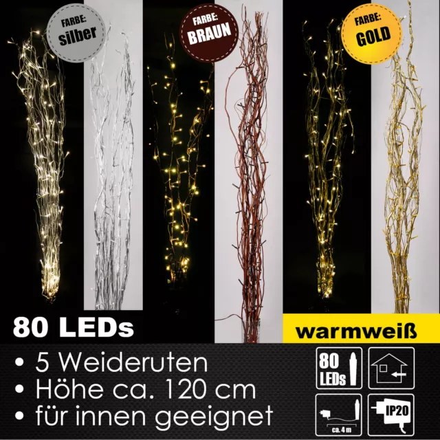 LED Lichterzweige 80 LED´s Dekozweige Leuchtzweige Rute 120cm 3 Farben warmweiss