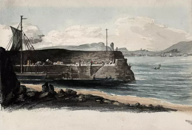 HARBOUR WALL Antique Watercolour Painting - 19TH CENTURY - COASTLINE