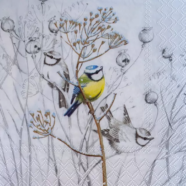 4 x Lunch Napkins/Decoupage/Craft/Dining/ Christmas Snow Blue Tit Bird  B320