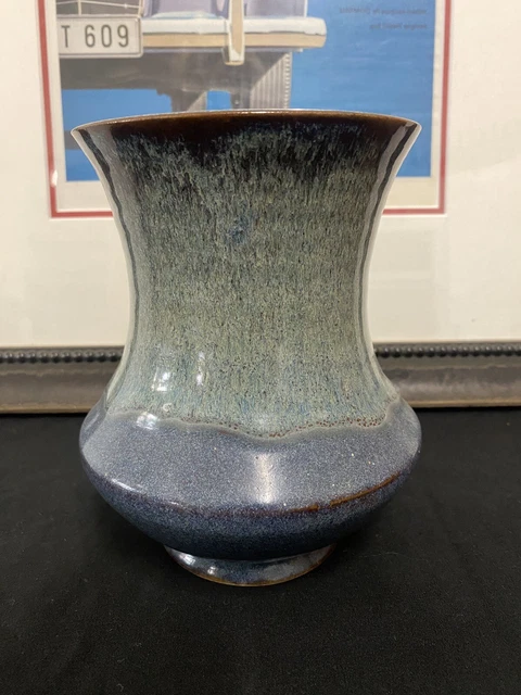 Vintage Monteco Australian Pottery Flared Top Vase Blue Drip Glaze