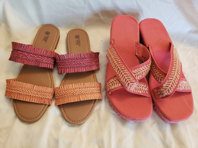 Lot of 2 Pair Summer Sandals Womens sz 10 Cushion Walk Avon Sequins Peach Melon 
