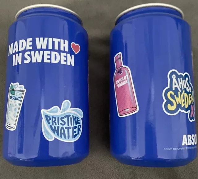 2x Absolut Vodka Sweden Aluminum Double Walled Tumbler/Koozie Can Drink Cup Blue