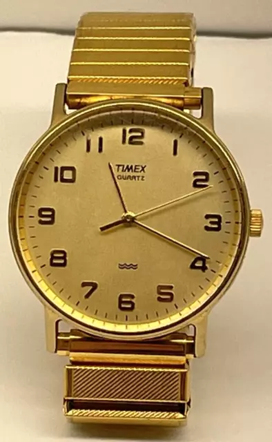 Vintage Timex Watch Men Gold Tone Round Dial Stretch Band NEEDS BATTERY