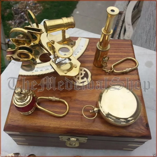 Nautical Brass Gift Set Vintage Maritime Compass/Telescope/Sextant W/Wooden Box