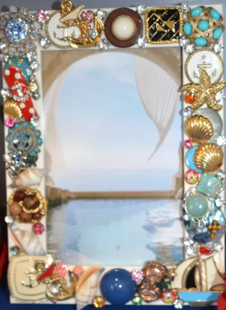 Jewelry Art Decorated  Picture Frame Rhinestone Pearls Shells And More 4X6 Photo