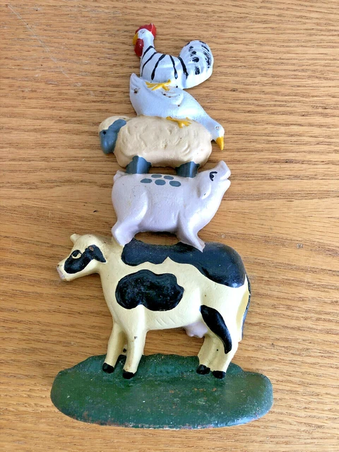 Vintage Cast Iron Barnyard Door Stop Farm Animals Cow Rooster Pig.....  8 1/2"