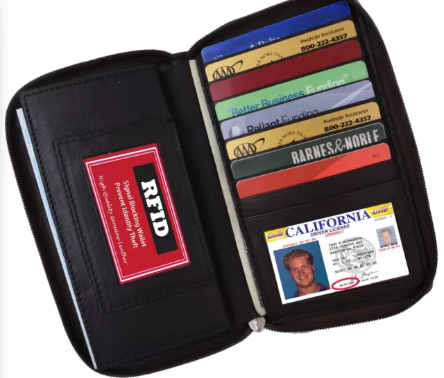 RFID BLACK LEATHER Women Premium Checkbook Zip Clutch Wallet Coin Card ...