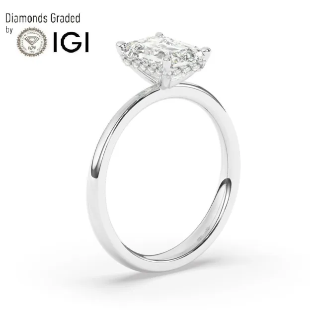 18K White Gold Radiant Solitaire Lab-Grown Diamond Hidden  Halo Engagement Ring