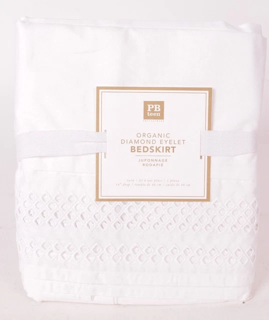 Falda de cama con ojales de diamante orgánico Pottery Barn adolescente, gota de 18", doble, blanca